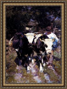 Calves Watering Framed Paintings - Two Harnessed Calves by Heirich von Zugel