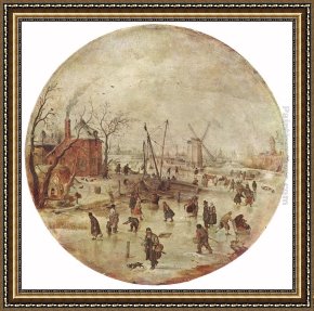 A Winter Landscape with Skaters Near a Village Framed Paintings - Winter Landscape with Skaters by Hendrick Avercamp