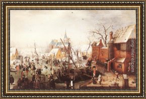 A Farmyard Scene in Winter Framed Paintings - Winter Scene at Yselmuiden by Hendrick Avercamp