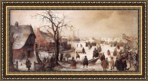 A Farmyard Scene in Winter Framed Paintings - Winter Scene on a Canal by Hendrick Avercamp