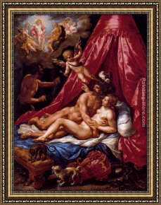 Apollo Framed Paintings - Mars And Venus Surprised By Apollo by Hendrick De Clerck