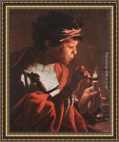 Fantomas Pipe And Newspaper Framed Paintings - Boy Lighting a Pipe by Hendrick Terbrugghen