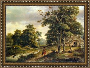 A Wooded Landscape Framed Paintings - Peasant Woman and a Boy in a Wooded Landscape by Hendrik Barend Koekkoek