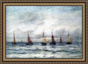 The Departure of The Fishing Fleet Framed Paintings - A Fishing Fleet by Hendrik Willem Mesdag