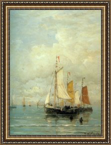 The Departure of The Fishing Fleet Framed Paintings - A Moored Fishing Fleet by Hendrik Willem Mesdag
