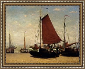 Seashore at Scheveningen Framed Paintings - The Bomschuit Prinses Sophie On The Beach, Scheveningen by Hendrik Willem Mesdag