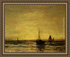 The Arrival of The Fleet Framed Paintings - The Return of the Fleet at Sunset by Hendrik Willem Mesdag