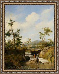 Julius Jacobus Van De Sande Bakhuyzen Framed Paintings - A Forest View with Figures by a Stream by Hendrikus van den Sande Bakhuyzen