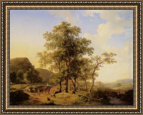Cattle in a Pasture Framed Paintings - A Treelined River Landscape with Figures and Cattle an a Path by Hendrikus van den Sande Bakhuyzen