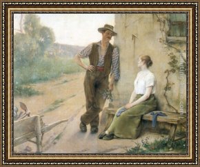Ponies, a Calf And Poultry in a Farmyard Framed Paintings - Peasant Couple in Farmyard by Henri Adriene Tanoux