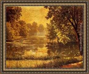 A River Landscape in Springtime Framed Paintings - A Wooded River Landscape by Henri Biva