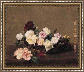 Rose Framed Paintings - A Basket of Roses by Henri Fantin-Latour