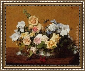 Park of Rose Framed Paintings - Bouquet of Roses and Other Flowers by Henri Fantin-Latour