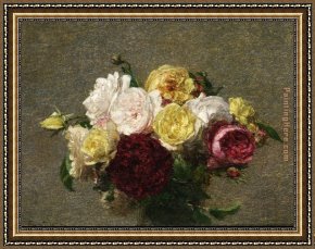 A Bouquet of Roses And Other Flowers in a Glass Goblet with a Chinese Lacquer Box And a Nautilus Cup on a Red Velvet Draped Table Framed Paintings - Bouquet of Roses I by Henri Fantin-Latour