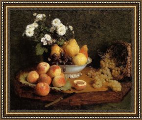 A Bouquet of Roses And Other Flowers in a Glass Goblet with a Chinese Lacquer Box And a Nautilus Cup on a Red Velvet Draped Table Framed Paintings - Flowers and Fruit on a Table by Henri Fantin-Latour