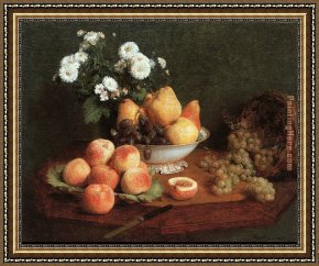 A Bouquet of Roses And Other Flowers in a Glass Goblet with a Chinese Lacquer Box And a Nautilus Cup on a Red Velvet Draped Table Framed Paintings - Flowers & Fruit on a Table 1865 by Henri Fantin-Latour