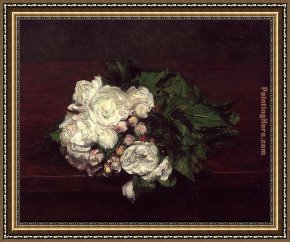 The White Rose Framed Paintings - Flowers White Roses by Henri Fantin-Latour
