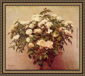 Park of Rose Framed Paintings - Rose Trees White Roses by Henri Fantin-Latour