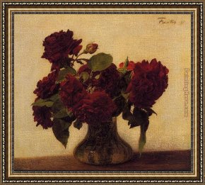 Eze-sur-mer Framed Paintings - Roses foncees sur fond clair by Henri Fantin-Latour