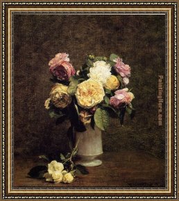 Floral Still Life in a Blue And White Porcelain Vase Framed Paintings - Roses in a White Porcelin Vase by Henri Fantin-Latour