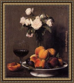 A Bouquet of Roses And Other Flowers in a Glass Goblet with a Chinese Lacquer Box And a Nautilus Cup on a Red Velvet Draped Table Framed Paintings - Still Life with Roses Fruit and a Glass of Wine by Henri Fantin-Latour