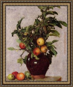 Henri Framed Paintings - Vase with Apples and Foliage by Henri Fantin-Latour