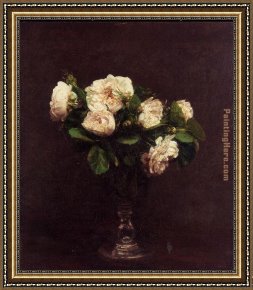 The White Rose Framed Paintings - White Roses by Henri Fantin-Latour