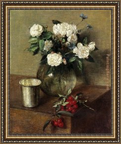 The White Rose Framed Paintings - White Roses and Cherries by Henri Fantin-Latour