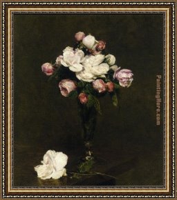 The White Rose Framed Paintings - White Roses and Roses in a Footed Glass by Henri Fantin-Latour