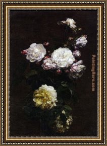 The White Rose Framed Paintings - White Roses II by Henri Fantin-Latour