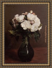 Floral Still Life in a Blue And White Porcelain Vase Framed Paintings - White Roses in a Green Vase by Henri Fantin-Latour