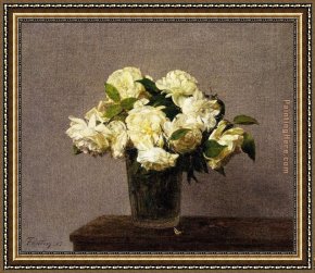 Floral Still Life in a Blue And White Porcelain Vase Framed Paintings - White Roses in a Vase by Henri Fantin-Latour