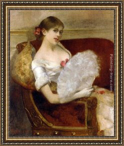 Henri Gervex Framed Paintings - Femme a leventail by Henri Gervex