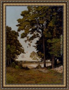 A Milkmaid with Her Cows on a Summer Day Framed Paintings - A Summer's Day On The Banks Of The Allier by Henri-Joseph Harpignies