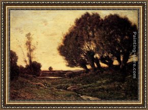 A Wooded Landscape Framed Paintings - A Wooded Landscape With A Stream by Henri-Joseph Harpignies