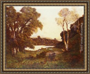 Goats, Framed Paintings - Goats grazing beside a lake at sunset by Henri-Joseph Harpignies
