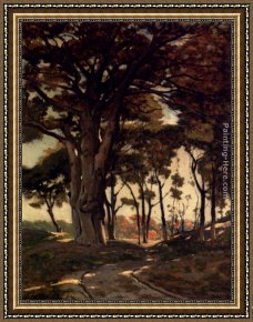 A Wooded Landscape Framed Paintings - Wooded Landscape With A Cart Path by Henri-Joseph Harpignies