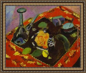 The Carpet Seller Framed Paintings - Dishes and Fruit on a Red and Black Carpet by Henri Matisse