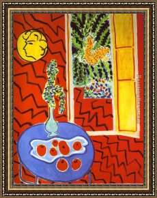 Floral Still Life in a Blue And White Porcelain Vase Framed Paintings - Red Interior  Still Life on a Blue Table by Henri Matisse