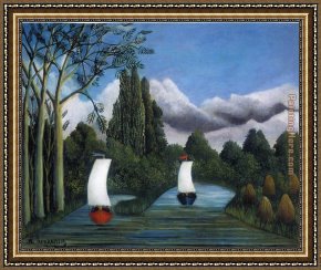 Bank Framed Paintings - Banks of the Oise by Henri Rousseau