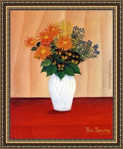 A Bouquet of Roses And Other Flowers in a Glass Goblet with a Chinese Lacquer Box And a Nautilus Cup on a Red Velvet Draped Table Framed Paintings - Bouquet of Flowers by Henri Rousseau