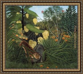 Henri Framed Paintings - Fight Between a Tiger and a Buffalo by Henri Rousseau