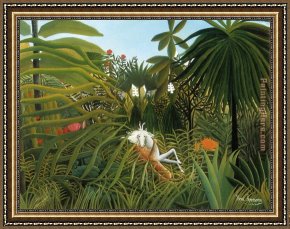 Henri Gervex Framed Paintings - Horse Attacked by a Jaguar by Henri Rousseau