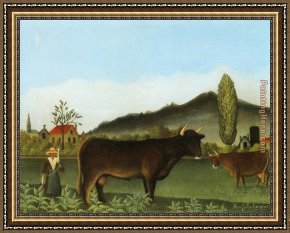 Cattle in a Pasture Framed Paintings - Landscape with Cattle by Henri Rousseau