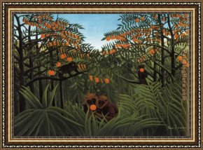 Henri Gervex Framed Paintings - Monkeys in the Jungle by Henri Rousseau