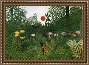Henri Framed Paintings - Negro Attacked by a Jaguar by Henri Rousseau