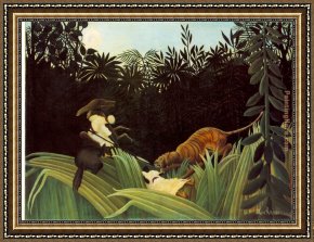 Henri Gervex Framed Paintings - Scout Attacked by a Tiger by Henri Rousseau