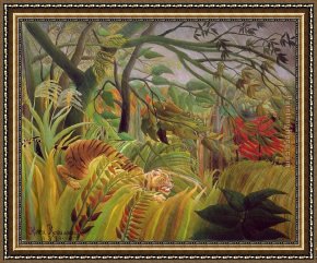 Henri Gervex Framed Paintings - Surprise by Henri Rousseau