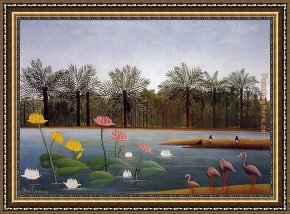 Henri Gervex Framed Paintings - The Flamingos by Henri Rousseau