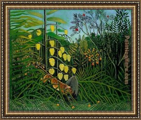 Henri Gervex Framed Paintings - The Jungle - Tiger Attacking a Buffalo by Henri Rousseau
